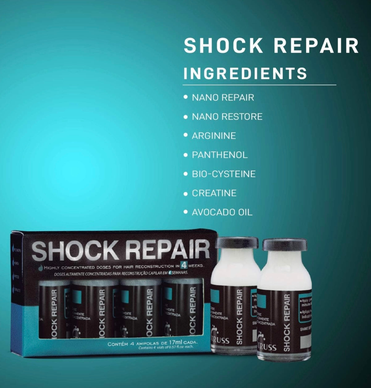Shock Repair - Hair Treatment For Damaged Hair - Highly Concentrated Ampoules For Weekly Reconstruction & Hair Repair. Promotes Hydration, Strength And Protection - 4 Week Supply