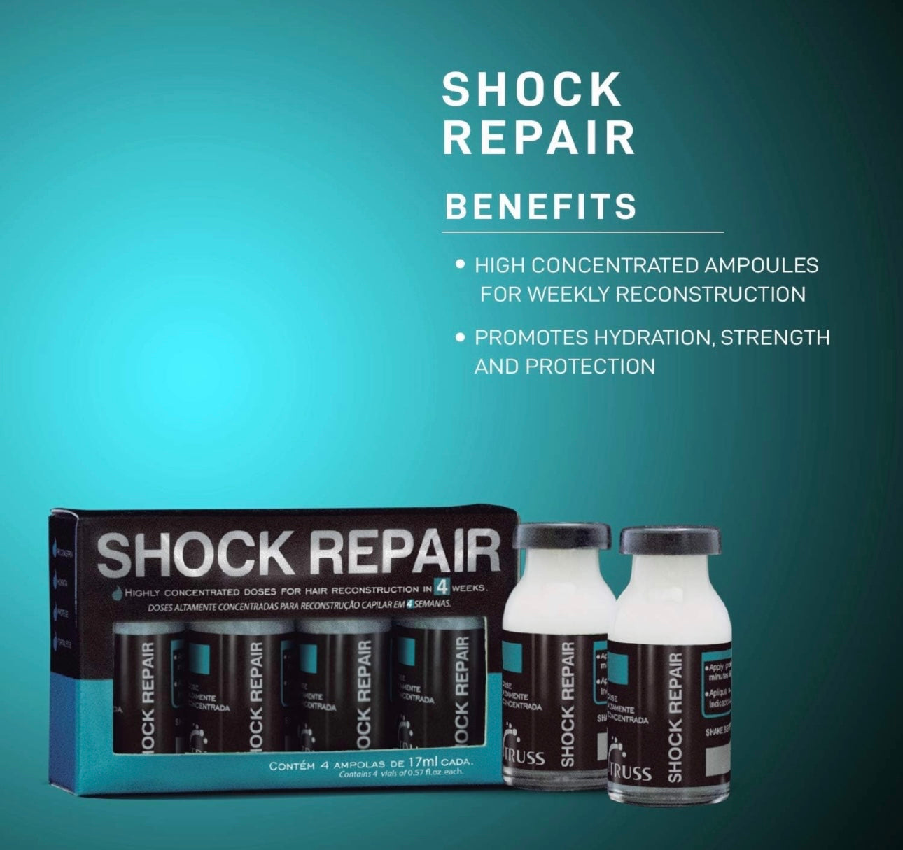 Shock Repair - Hair Treatment For Damaged Hair - Highly Concentrated Ampoules For Weekly Reconstruction & Hair Repair. Promotes Hydration, Strength And Protection - 4 Week Supply